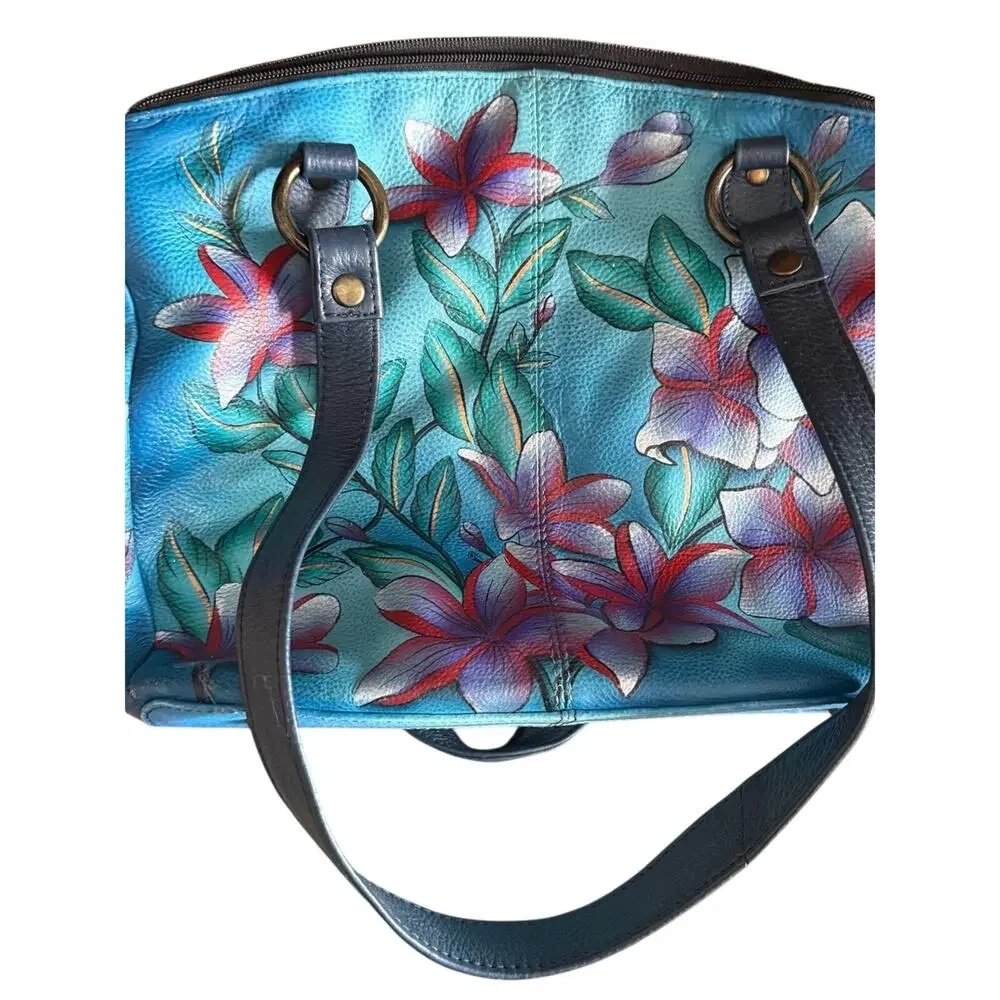Anuschka Floral Hand Painted Leather Purse Handbag Blue